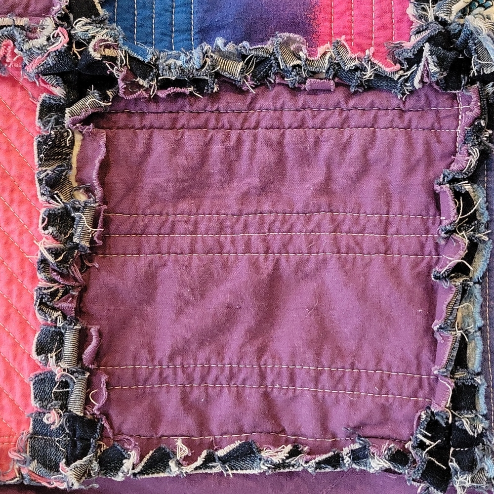 HAND CRAFTED Rag Quilt UPCYCLED Denim Blue Jeans Owl Cotton Fabric 55"x 41" - Picture 9 of 16